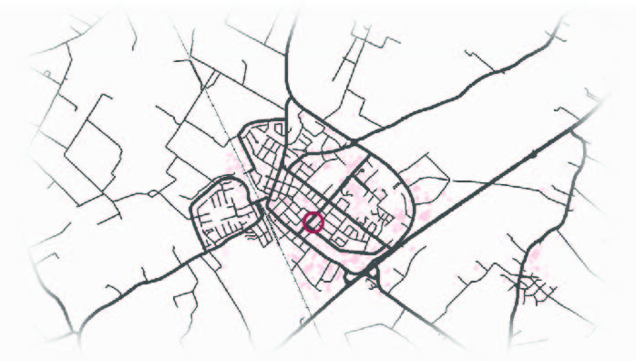 Bild visar en kartbild över Vara tätort, röd ring markerar var planområdet.