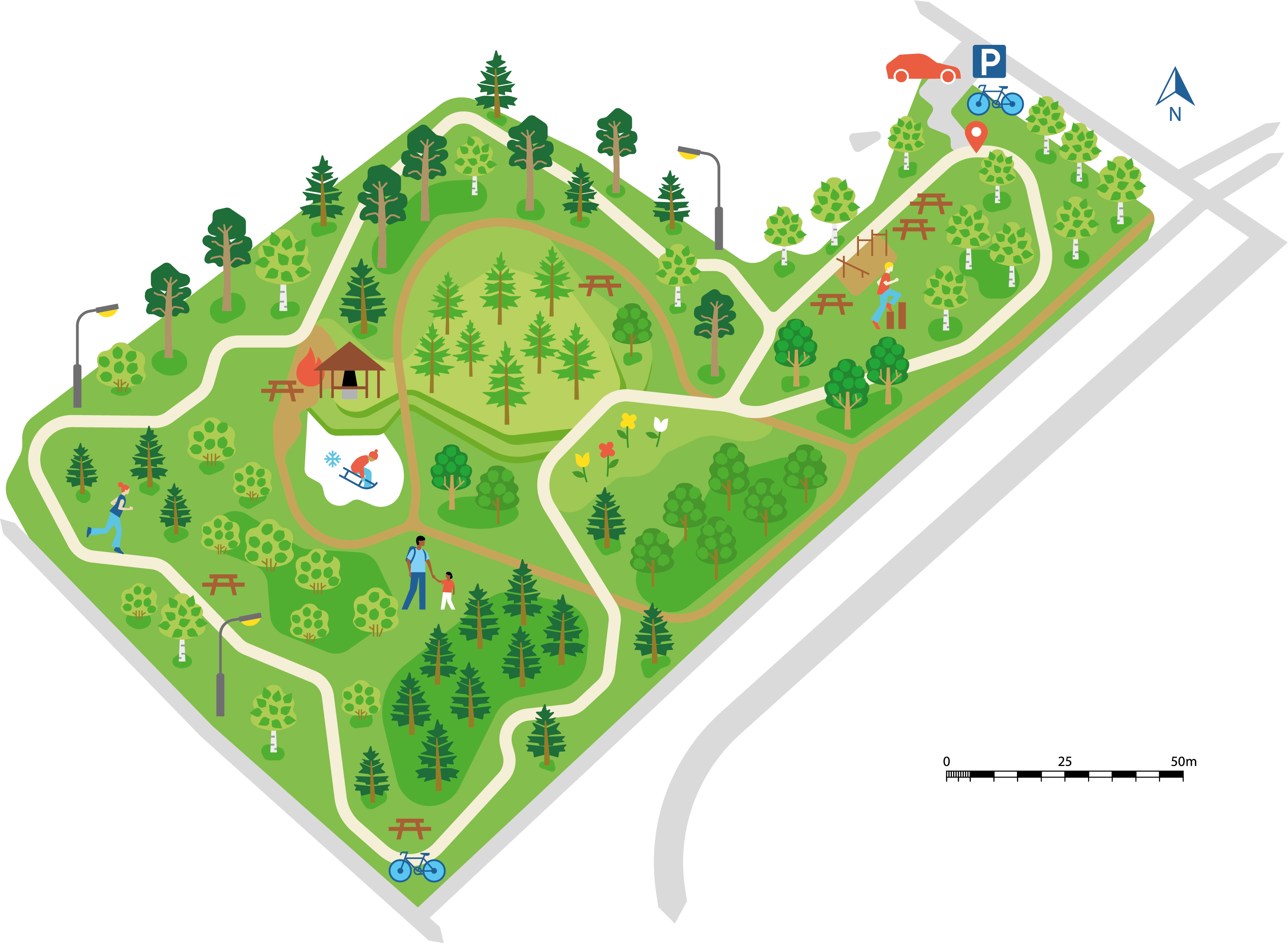 Illustration på friluftsområde med grillplats, parkering och motionsspår.