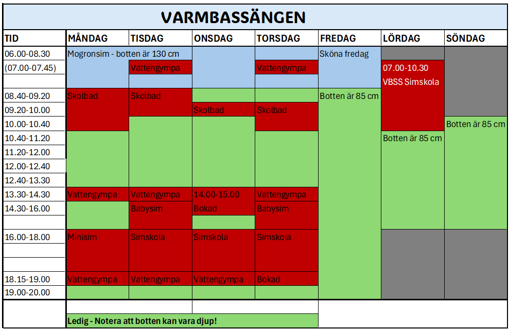 Schema över varmbassängens lediga tider.