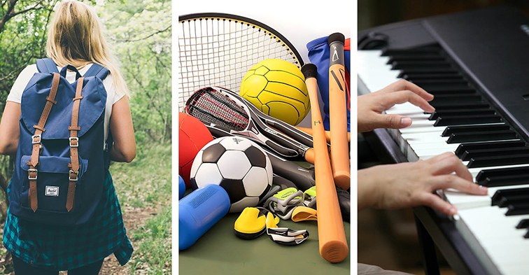 Tjej med en ryggsäck, olika typer av bollar och en kvinna som målar en tavla i ett montage.