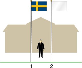 Illustration av Vara kommunhus med två flaggor framför. Svenska flaggan till vänster.
