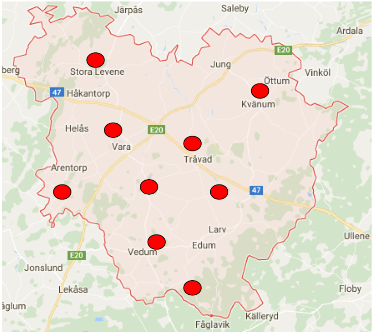 Kartbild över gamla deponier i Vara kommun. Nio platser utmärkta.