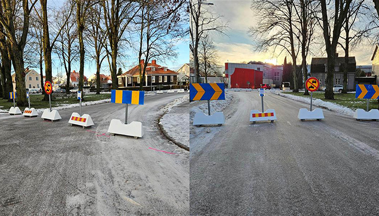 Väg som är avstängd med betongklossar.