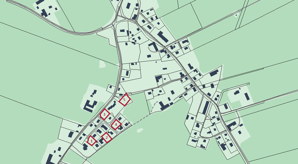 Bilden visar en kartbild över Helås med rödmarkering var lediga tomter finns. 