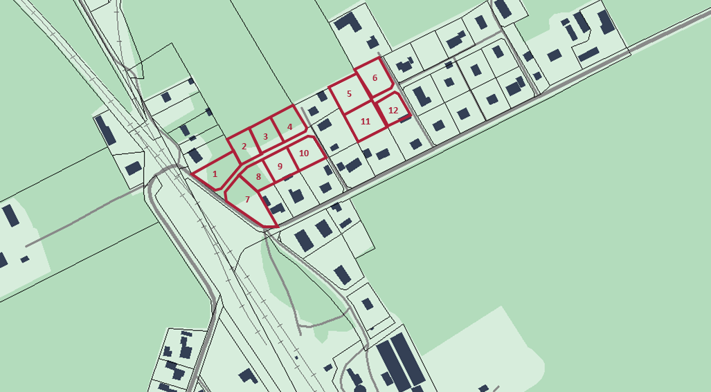 Bilden visar en kartbild över Håkantorp med rödmarkering var lediga tomter finns. 