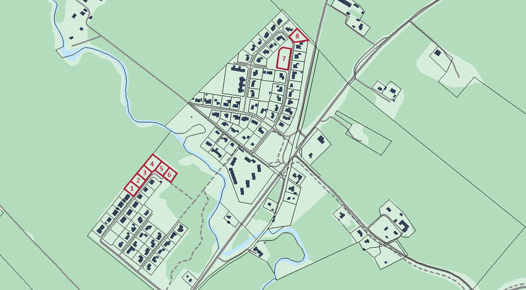 Bilden visar en kartbild över Jung med rödmarkering var lediga tomter finns. 