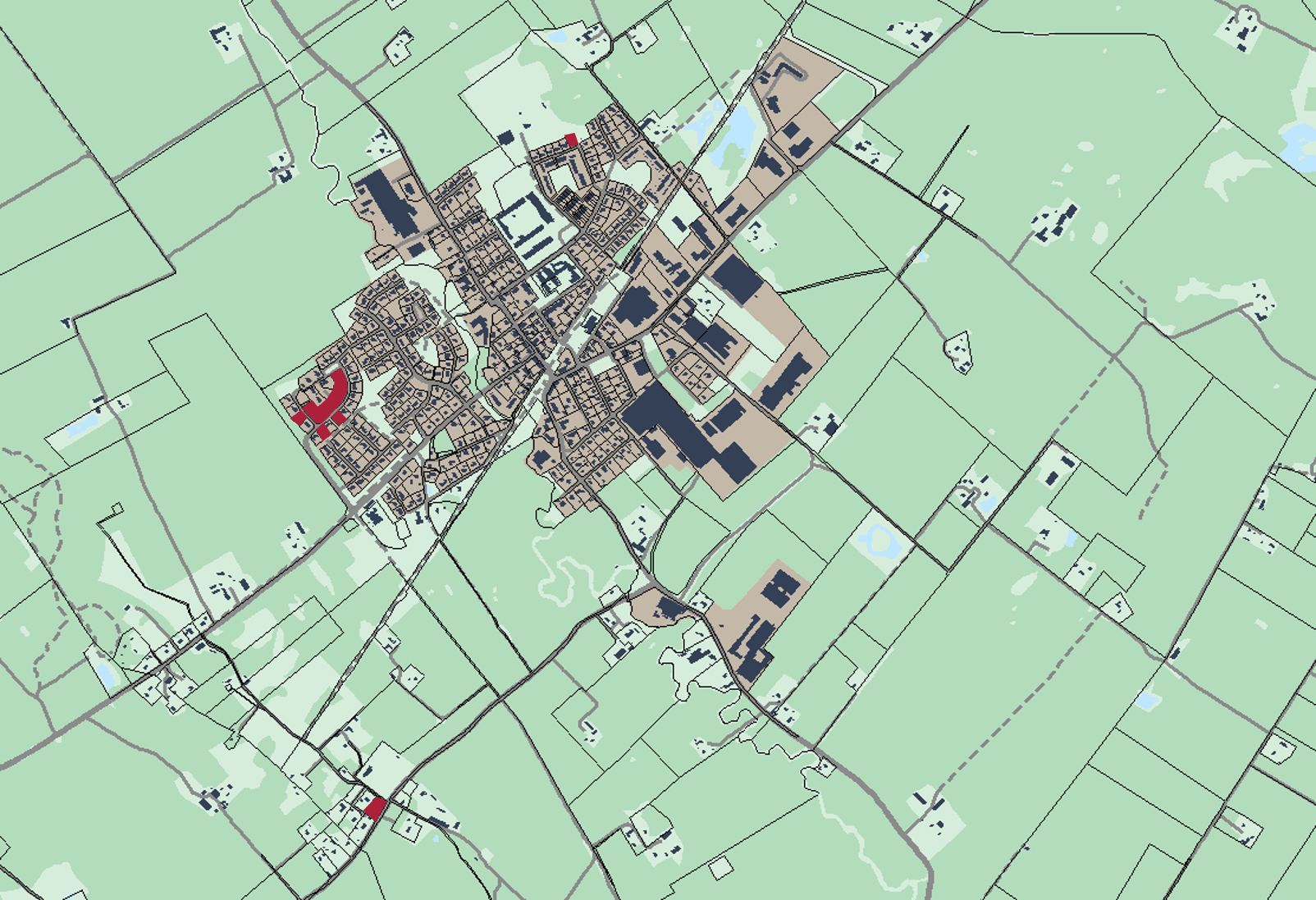 Bilden visar en kartbild över Kvänum med rödmarkering var lediga tomter finns. 