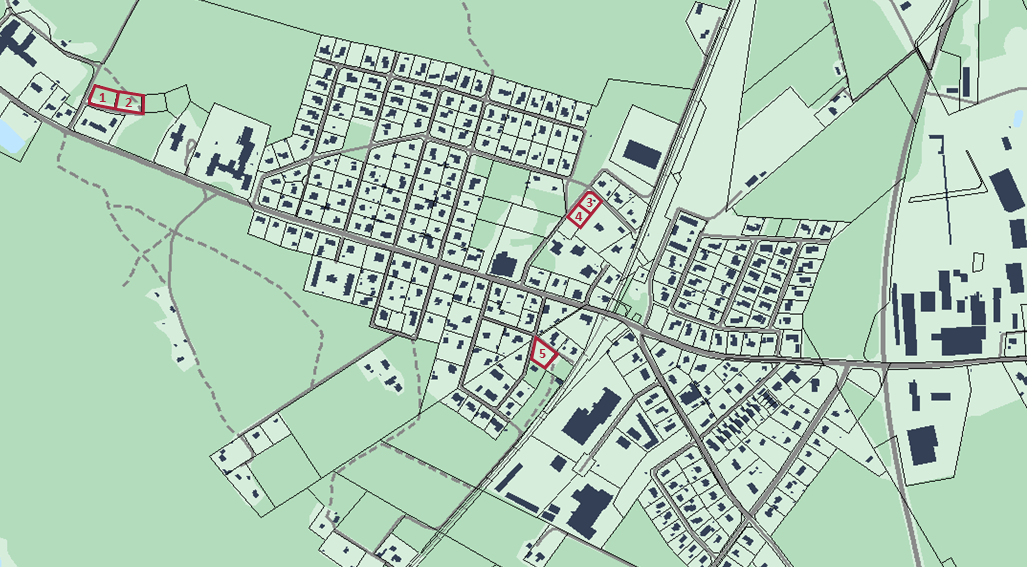 Bilden visar en kartbild över Levene med rödmarkering var lediga tomter finns.