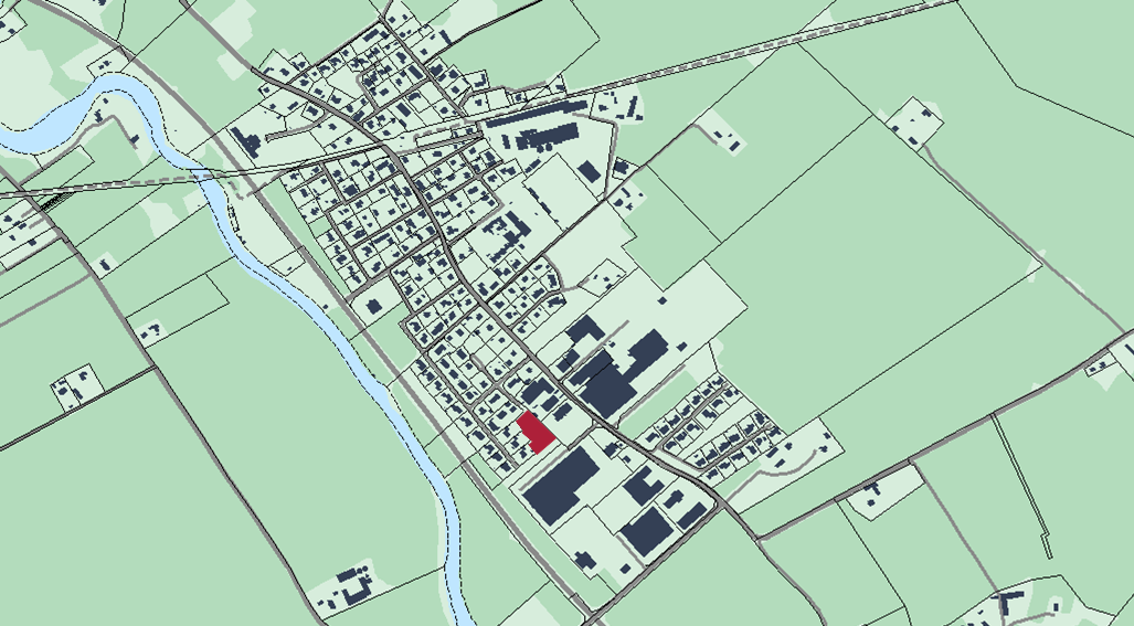 Bilden visar en kartbild över Tråvad med rödmarkering var lediga tomter finns. 