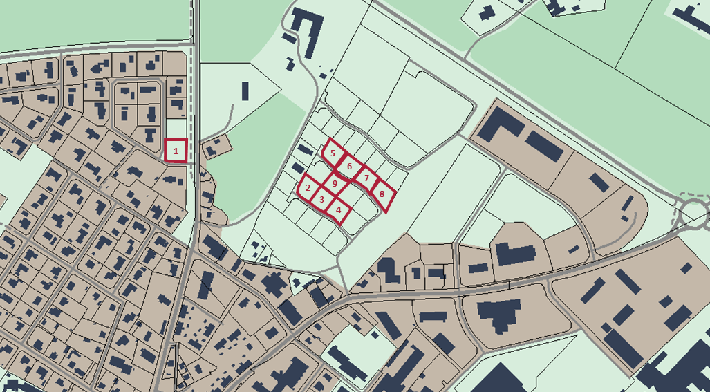 Bilden visar en kartbild över Elisgården och Lassagården med rödmarkering var lediga tomter finns.