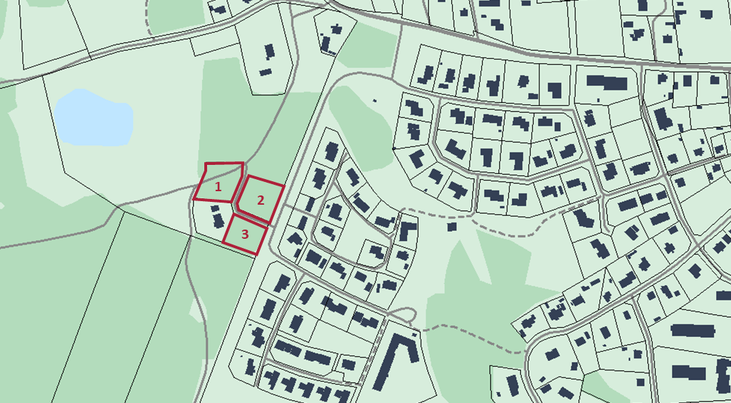 Bilden visar en kartbild över Vedum med rödmarkering var lediga tomter finns.
