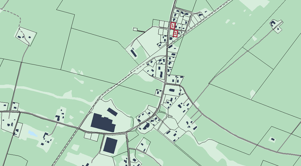 Bilden visar en kartbild över Öttum med rödmarkering var lediga tomter finns. 