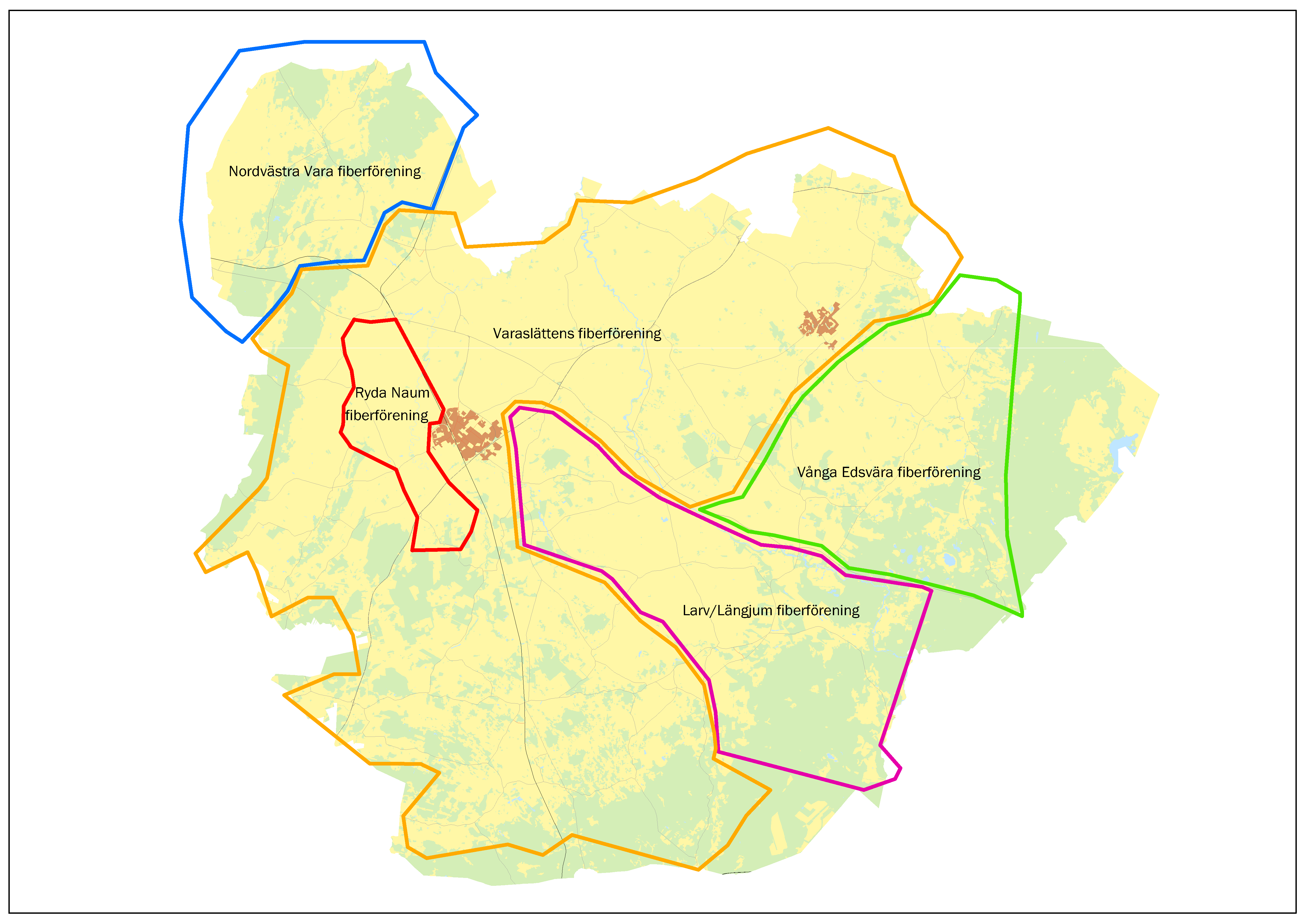 Kartbild som visar kommunens tre fiberområden. 