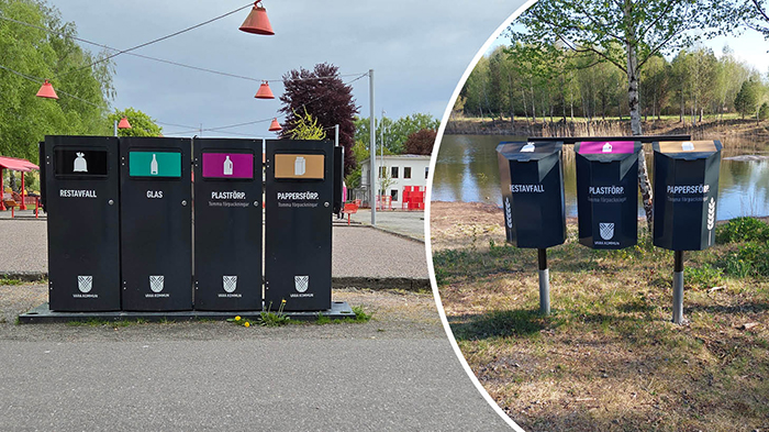 Två typer av källsorteringskärl: ett med fyra fack och ett källsorteringskärl med tre fack.