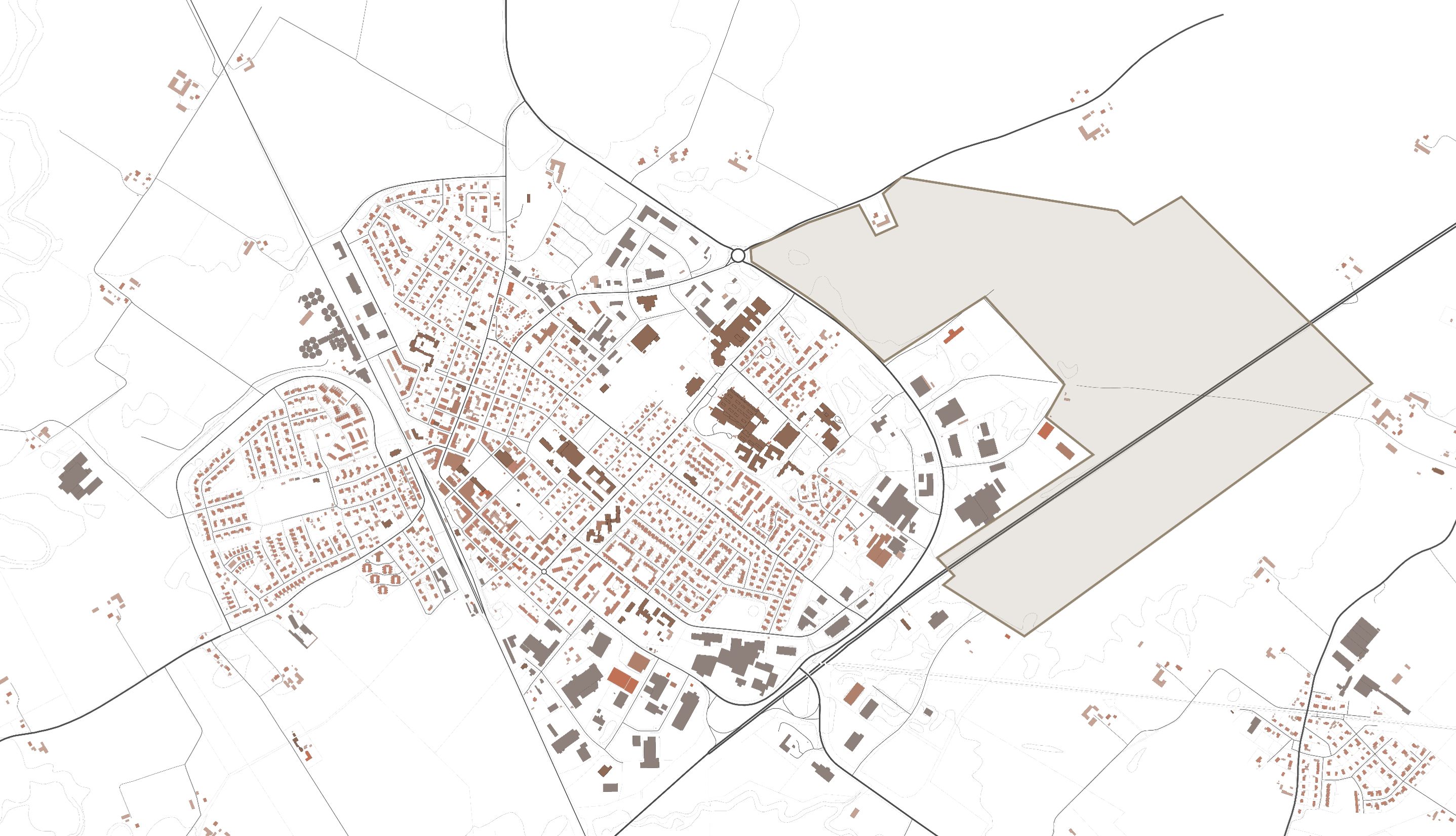 Kartbild över tätort. Ett område längs en väg markerat.