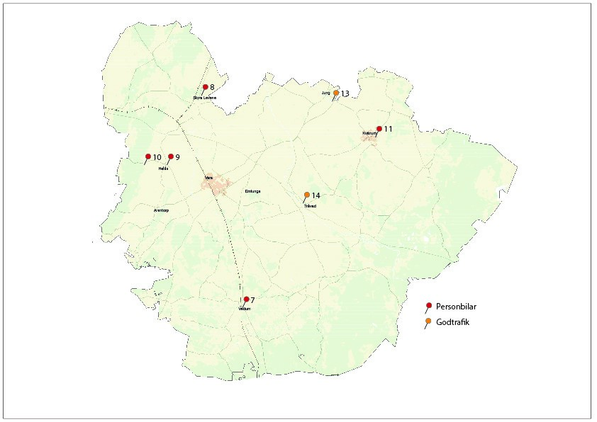 Karta över Vara kommun med utpekade placeringar av lämpliga områden för placering av laddpunkter.