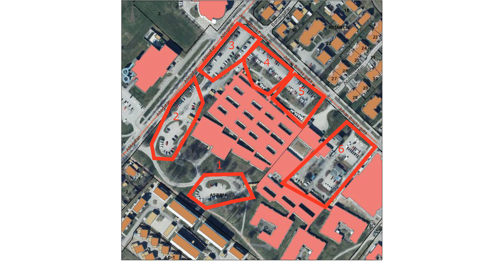 Kartbild över avstängda parkeringar runt hela vårdcentralen, vårdcentrum i Vara