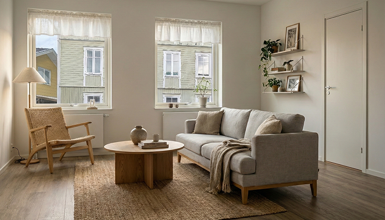 Vardagsrum med soffa, fåtölj och soffbord.