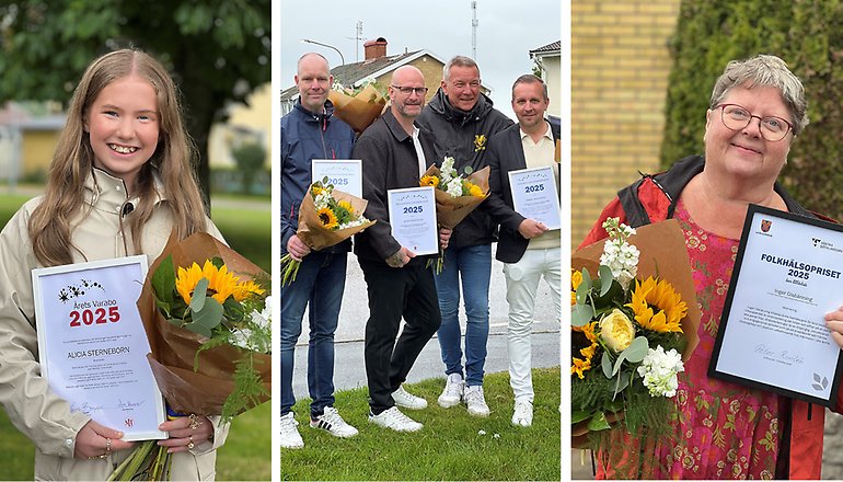 Montage av personporträtt av flera personer som håller i diplom och blomsterbuketter.